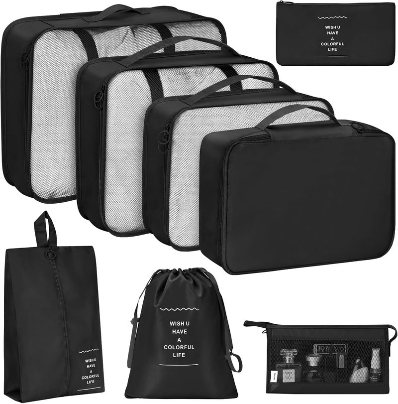 KPX 8 Set Packing Cubes for Travel, Luggage Packing Organizers Accessories Large Toiletries Bag for Clothes Shoes Cosmetics (Black) - Image 1